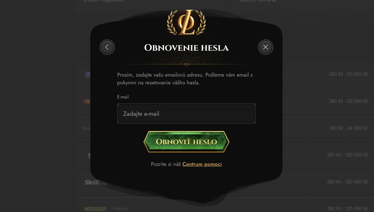 Obnova hesla v Legiano Casino
