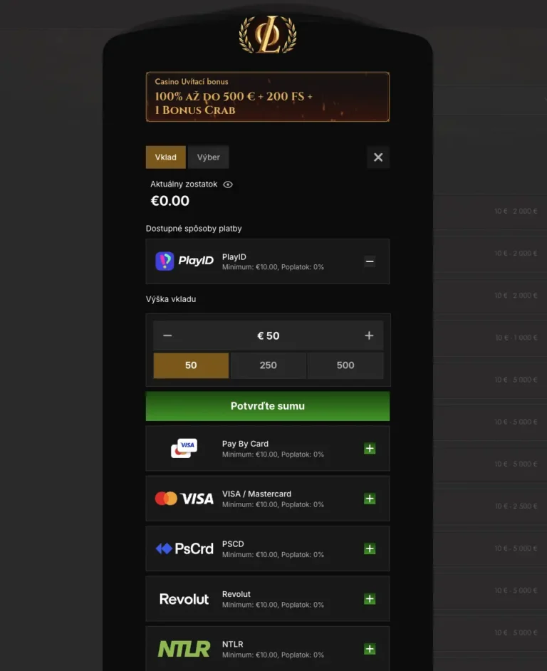 Pokladňa Legiano – záložka Vklad s metódou PlayID, výberom sumy 50/250/500 € a zoznamom platobných metód s minimom 10 € a poplatkom 0 %