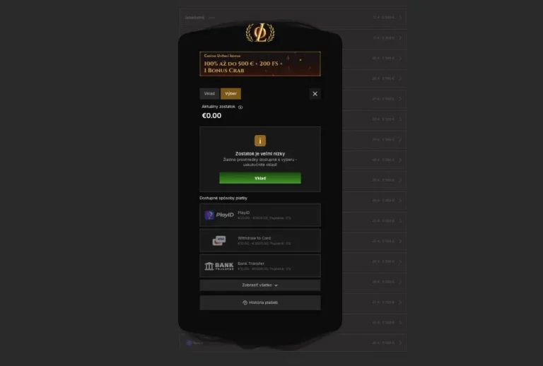 Pokladňa Legiano – záložka Výber s upozornením na nízky zostatok a metódami PlayID, Withdraw to Card a Bank Transfer, plus história platieb