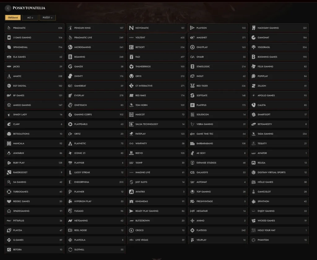 Legiano poskytovatelia hier – zoznam vyše 100 štúdií s počtom hier (Spinomenal 794, Pragmatic 654, Yggdrasil 504, Fazi 497, Red Tiger 336, Hacksaw Gaming 321)