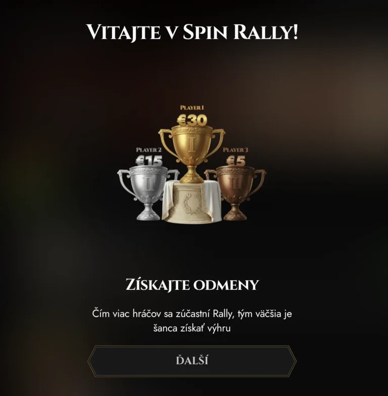 Legiano Spin Rally – uvítacia obrazovka a odmeny